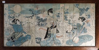 null Tryptic of prints in the same frame. Meiji Japan. Format oban x 3. 34.5x76cm...