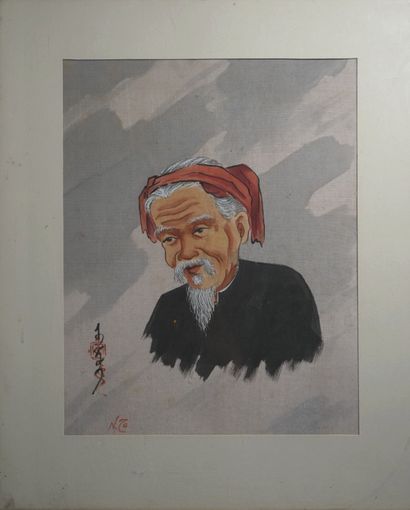 null Set of two watercolors on silk: old man and woman. Bearing a signature in Chinese...