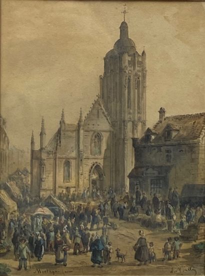 null MOULLIN Louis (Nogent le Rotrou 1817 1876). Jour de marché à Mortagne sur la...