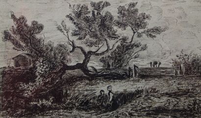 null ÉCOLE FRANÇAISE DU XIXe siècle, Bergers près d'un arbre, plume et encre brune...