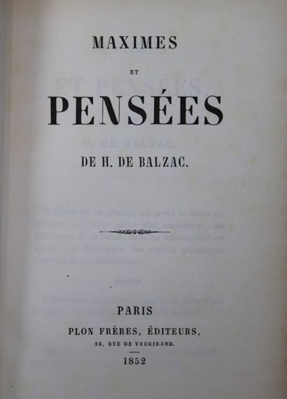 null BALZAC (Honoré de) : Maximes et Pensées. Paris, Plon Frères, 1852 ; in-12 (165...