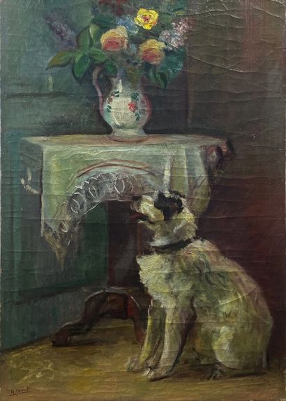 null French school end of XIXth century. "Dog sitting in front of a pedestal table"....