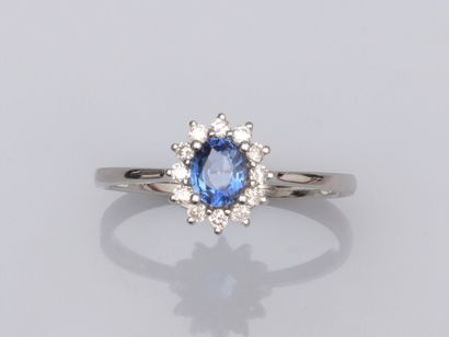 null Bague en or gris 750°/°° (18K) , sertie d'un saphir ovale de 0.5 ct environ,...