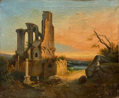 null NICOLLE (Attribué à Emile-Frédéric) (1830 - 1894) : « Eglise en ruine au soleil...