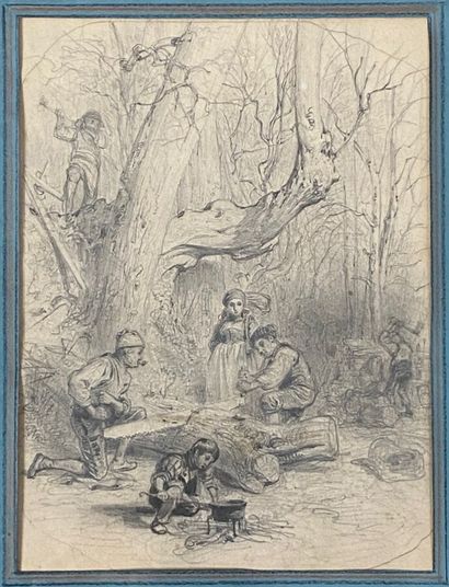 null GIRARDET Karl (1813-1871) attribué à, Bûcherons en forêt, mine de plomb, plume...