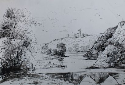 null ANONYME XIXe siècle, Bords de rivière devant les ruines d'un château, 9 mars...