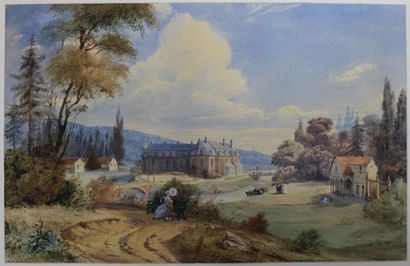 null LATTEUX Eugène, 1805-1850, Vue d'un parc, 1838, aquarelle et gouache sur papier,...