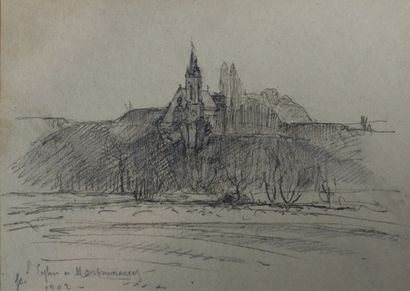 null ÉCOLE FRANÇAISE DÉBUT XXe siècle, L'église de Montmorency, 1902, crayons brun...