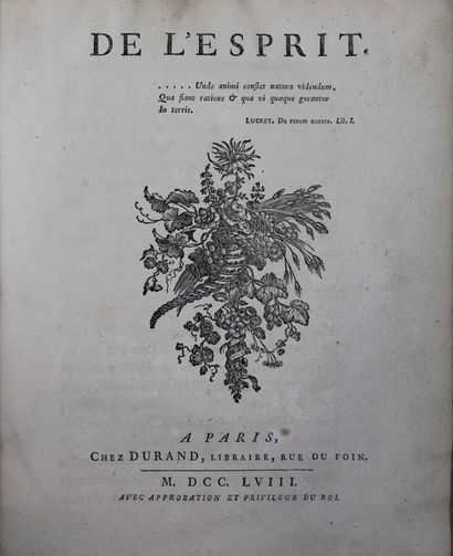 null - [HELVETIUS (Claude Adrien)]: De l'Esprit. Paris chez Durand, 1758 ; in 4°,...