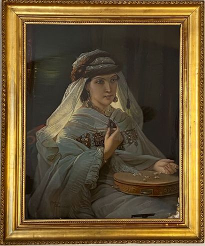 null Stéphana PARENT (Ecole orientaliste vers 1900) : « Femme orientale au tambourin »....