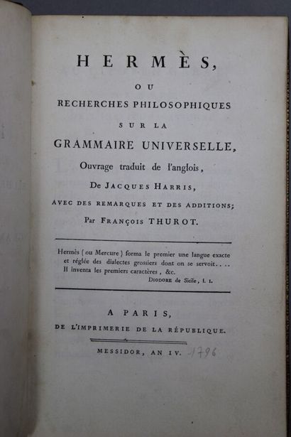 null - HARRIS (Jacques) Hermès, ou Recherches philosophiques sur la Grammaire universelle,...