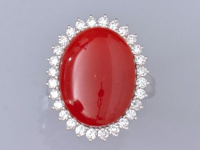 null Large oval ring in 18K white gold, set with a cabochon red coral weighing approximately...