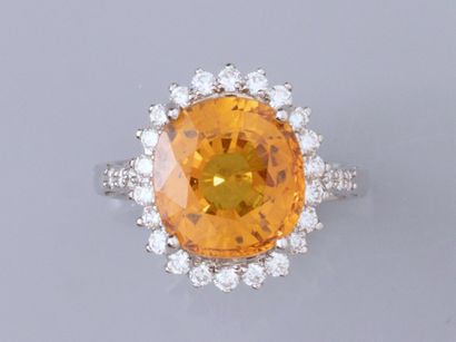 null Ring in white gold 750°/°° (18K), set with a cushion yellow sapphire of 7.46...