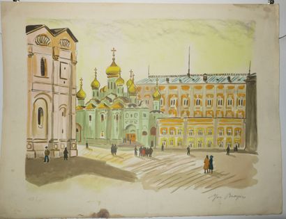 null RUSSIE - YVES BRAYER (1907-1990) - "Coupoles sur la Grande Place, Moscou". Lithographie...