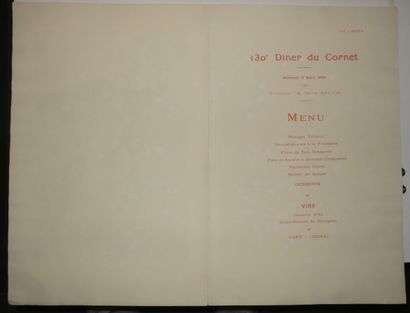 null MENU du 130 ème Dîner du CORNET, du 3 mars 1909, illustré d'une lithographie...