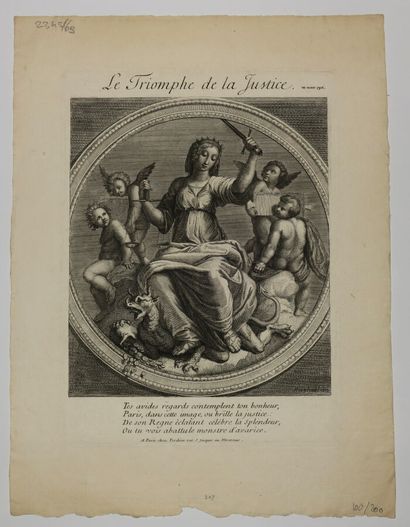 null JUSTICE - "Le Triomphe de la Justice, en mars 1716". 18ème. Eau-forte d'après...