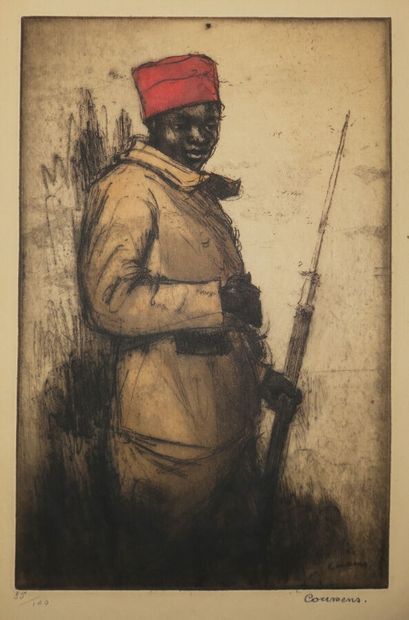 null COUSSENS Armand (1881-1935) - [Homme armé]. Gravure en couleurs. Signée à la...