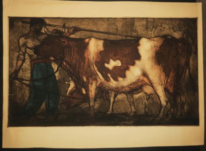 null COUSSENS Armand (1881-1935) - "Le vacher". Gravure originale à l'eau-forte,...