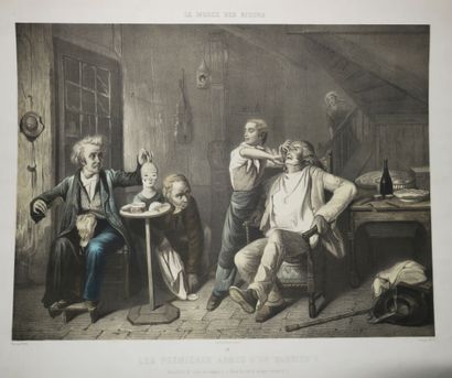 null JACOTT Jean-Jules (1812-1894) - "Les premières armes d'un barbier!". Lithographie...