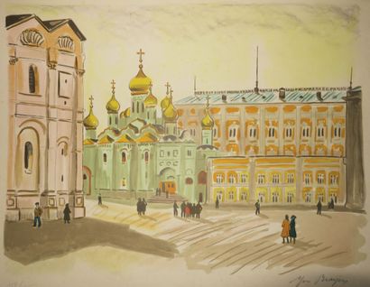 null RUSSIE - YVES BRAYER (1907-1990) - "Coupoles sur la Grande Place, Moscou". Lithographie...