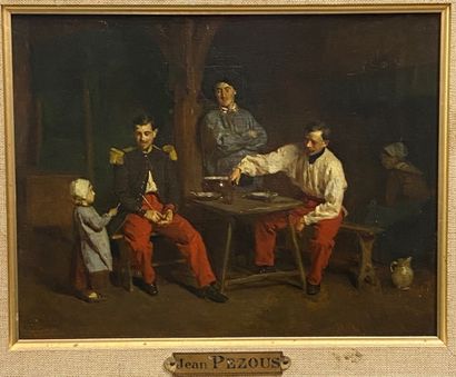 null PEZOUS Jean, 1815-1885, Militaires à l'auberge, huile sur panneau, signé en...
