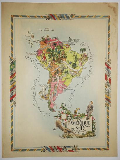 null Illustrated map of SOUTH AMERICA, after Jacques LIOZU (1910-1974). 1951. Printed...
