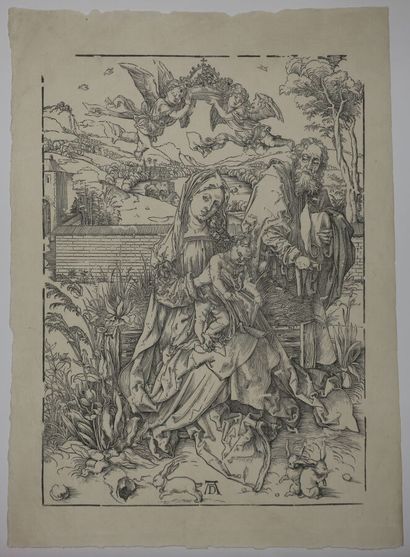 null DÜRER Albrecht (1471 - 1528) - "The Holy Family with three hares". c.1496. Engraved...
