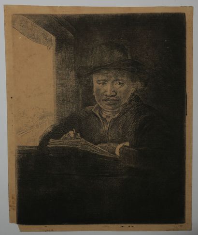 null REMBRANDT H. van Rijn (1606 1669) - "Self-portrait, Rembrandt drawing at a window"....