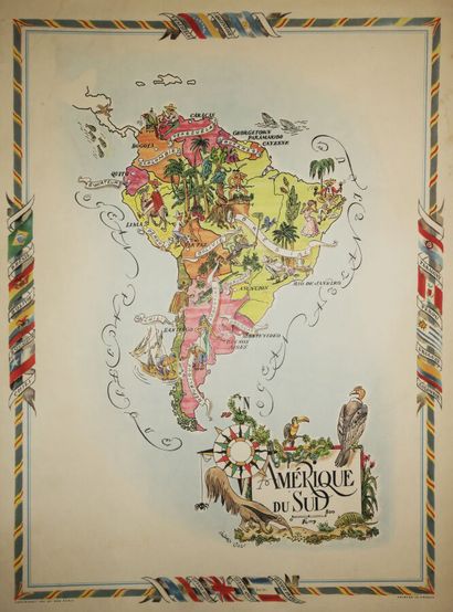 null Illustrated map of SOUTH AMERICA, after Jacques LIOZU (1910-1974). 1951. Printed...
