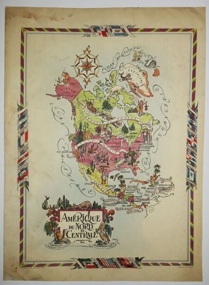 null Illustrated map of NORTH and CENTRAL AMERICA, after Jacques LIOZU (1910-1974)....