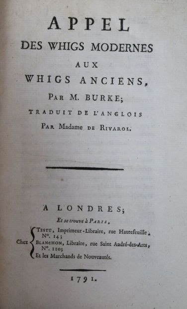 null BURKE (Edmund) : Appel des Whigs modernes aux Whigs anciens. Traduit de l'Anglais...