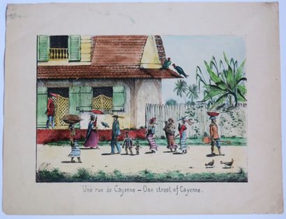 null GUYANA - "One street of Cayenne". 19th century. Lithography. Colored. Wove paper....