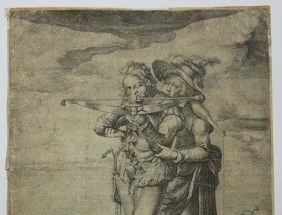 null STOCK Andries (1572/82- après 1648) - "L'Archer et la Laitière". c.1610. Burin...