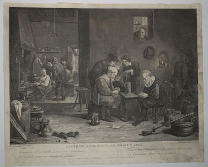 null FRANC-MACONNERIE - "The Flemish Freemasons in a Lodge". 1747. Etching and burin...