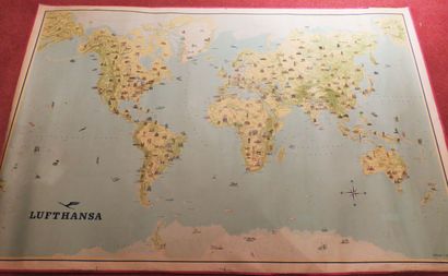 null PLANISPHERE illustrated LUFTHANSA. c.1960. Very large color planisphere. Vellum...