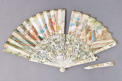 null Fan, first half of the 18th century, finely pierced mother-of-pearl frame, polychrome...