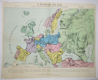 null RARE DRAMATIC MAP OF EUROPE in 1871 - "EUROPE IN 1871 / PSYCHOLOGICAL MAP, drawn...