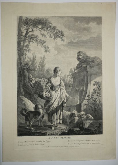 null BOUCHER François (d'après) (1703 - 1770) - "La jeune bergère". Gravure à l'eau-forte...