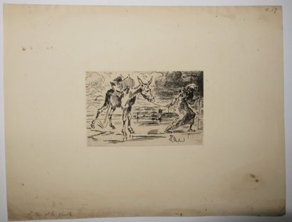 null BUHOT Félix (1847 - 1898) - Réunion de 2 eaux-fortes: 1-"L'âne et la vieille"....