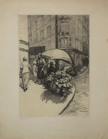null BRUYER Georges (1883 - 1962) - "Marchande de fleurs à Montmartre". Eau-forte....