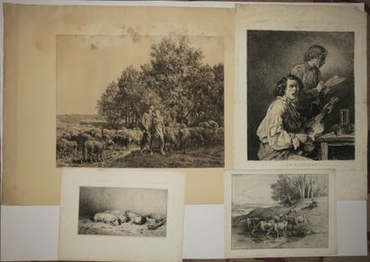 null JACQUE Charles (1813 - 1894) - Réunion de 4 eaux-fortes: 1-"Porcs couchés"....