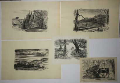 null FRELAUT Jean (1879 - 1954) - Réunion de 5 lithographies: 1-"Eglise dans le Morbihan"....