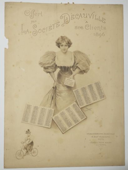 null CALENDRIER PUBLICITAIRE de 1896 pour LA SOCIETE DEAUVILLE (VELOCIPEDE). Illustré...