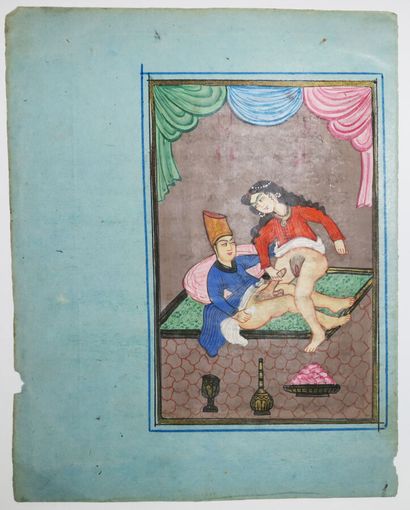 null EROTICA - INDIAN GOUACHE - [Erotic scene]. 19th century. Gouache on blue paper....