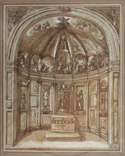 ECOLE ITALIENNE du XVIème s Intérieur de chapelle de forme circulaire coiffée d'une...