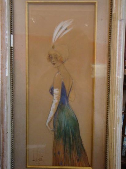 Louis VALLET (1856-?) Elégante à l'aigrette,Aquarelle et gouache, signée en bas à...