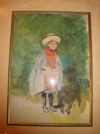 John Lewis Brown (1829-1890) Jeune fille au chapeau, Dessin (fusain et gouache) signé...