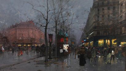 Eugène Galien-Laloue (1854-1941) Le Boulevard des Capucines, Paris Gouache sur papier,...