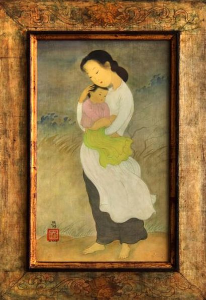 MAI THU (1906-1980) Mère et enfant, 1955. Aquarelle, plume et encre de Chine, signée...