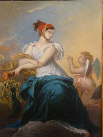 ECOLE FRANCAISE vers 1800 Jeune femme et paon (Junon?) Huile sur toile 33 x 25 c...